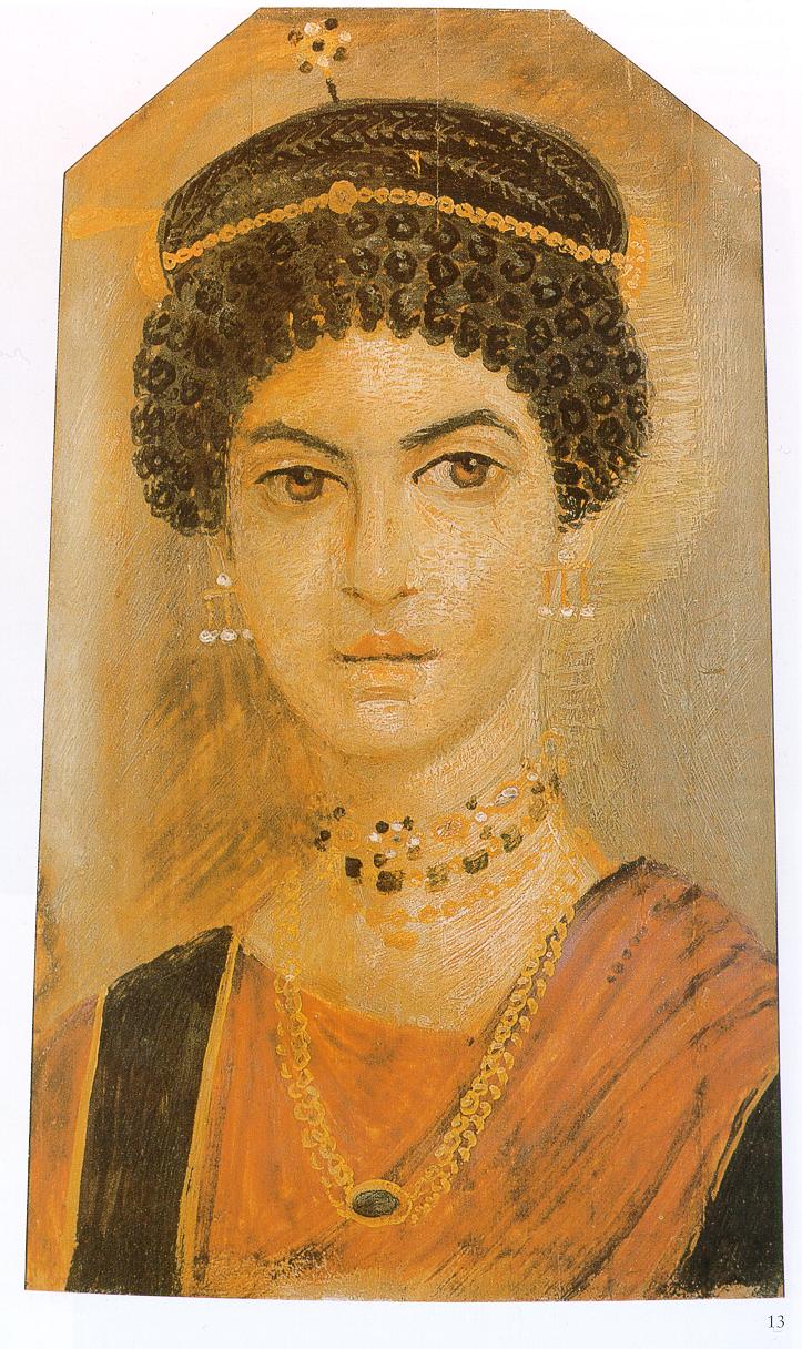 Portrait of a woman from the Fayum province with a ringlet hairstyle, an orange chiton with black bands and rod-shaped earrings. Royal Museum of Scotland. (Public Domain)
