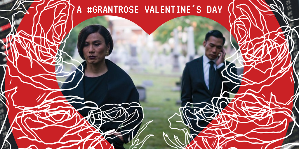 The illustration features a still of White Rose and Grant in a cemetery. The picture is set in a red heart frame surrounded by the outlines of white roses. The background is white and red HTML on a dark grey computer screen.