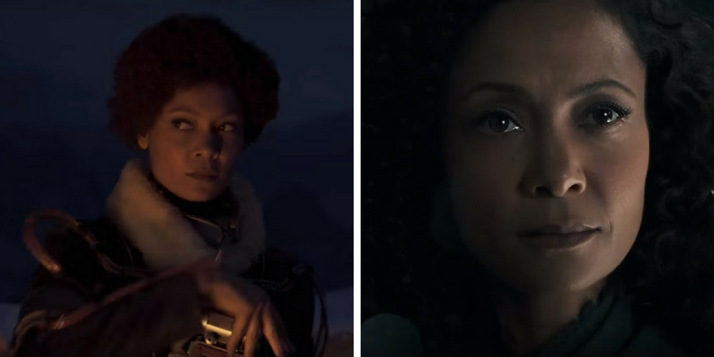 Thandie Newton as Val, sitting by a campfire in Solo: A Star Wars Story and as Maeve in Westworld Season 2