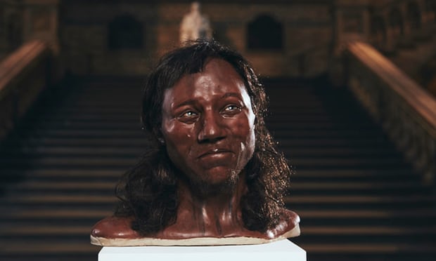 An updated reconstruction of Cheddar Man, which features dark skin, blue eyes, and dark hair. 