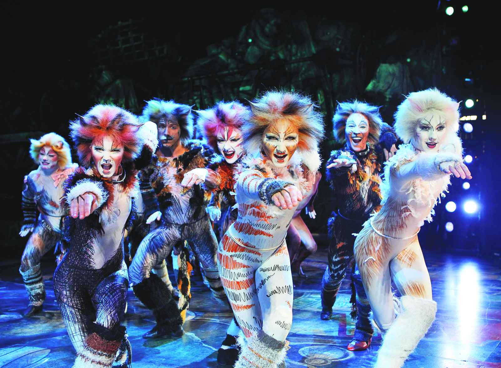 Actors in colorful cat makeup and leotards dance in unison onstage.