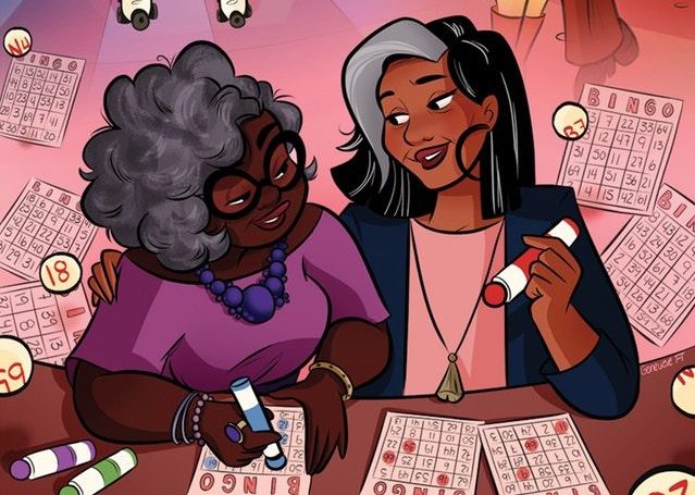 Closeup of Bingo Love cover featuring the two main characters as older women playing Bingo