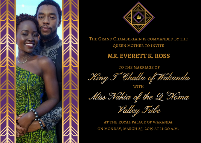 Wedding invitation mock-up for T'Challa and Nakia's wedding. 