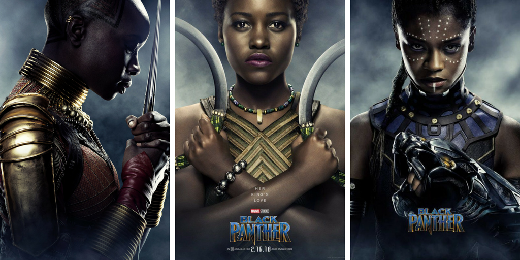 Posters of Danai Gurira as Okoye, Lupita Nyong'o as Nakia, and Letitia Wright as Shuri. 