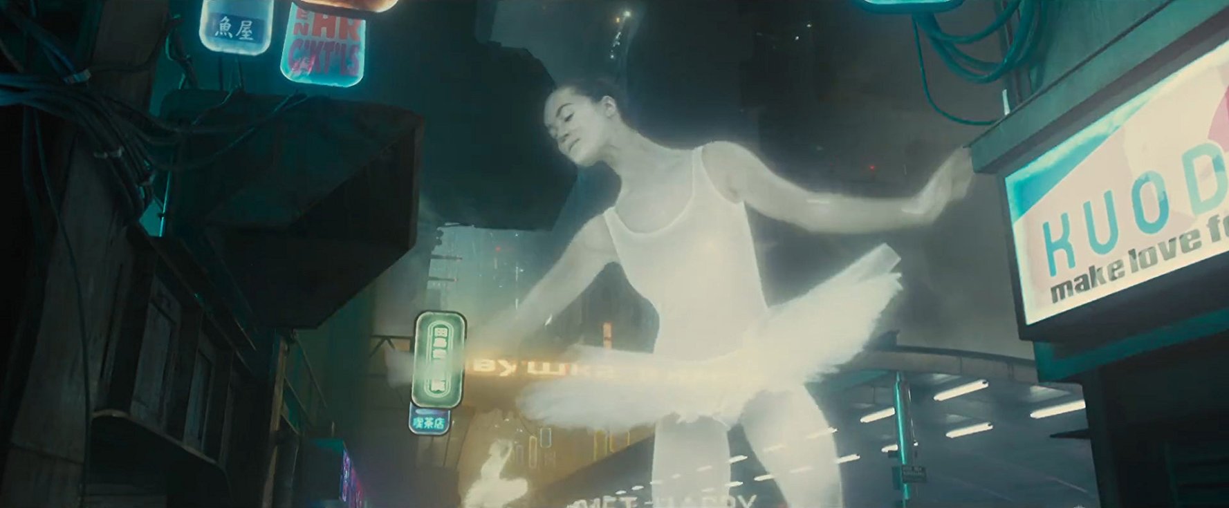 An advertisement for Russia featuring a huge holographic ballerina dancing while the words "Soviet Happy" circle around her legs.