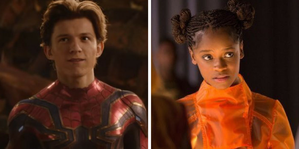 Peter Parker in his Iron Spider suit and Shuri in his transparent orange jumper. 