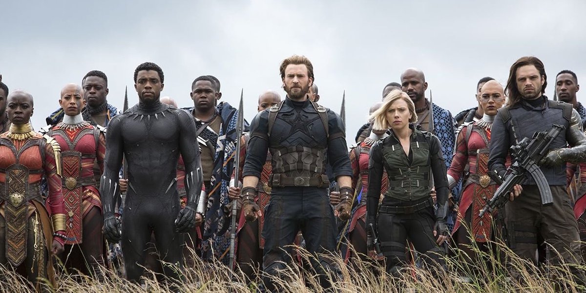 Black Panther, Captain America, Black Widow and Winter Soldier with Okoye, the Dora Milaje and the border guards in Wakanda. 