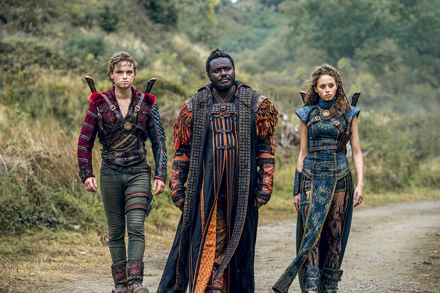 Babou Ceesay (center), Dean-Charles Chapman (left), and Ella-Rae Smith (right) in Into the Badlands