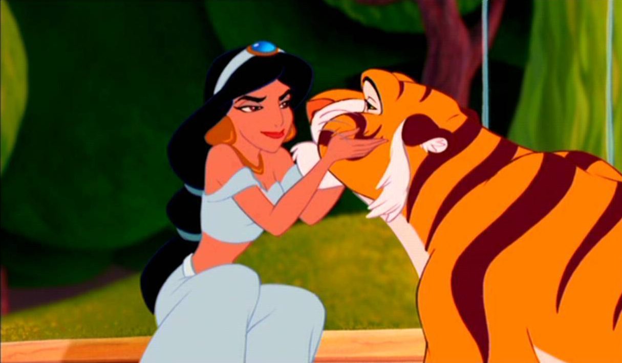 Princess Jasmine playfully squishes Rajah's cheeks
