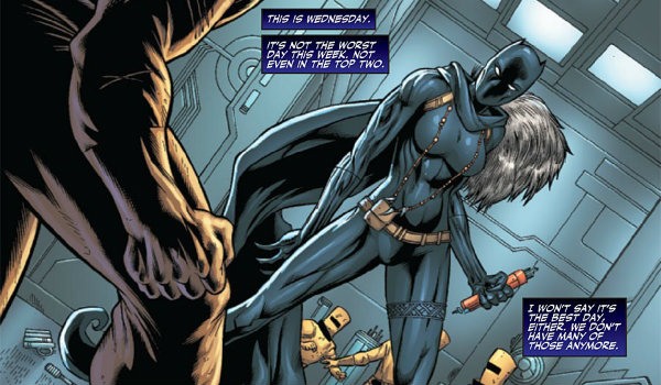 A comic book panel featuring Shuri as the Black Panther, with narration that reads,"This is Wednesday. It's not the worst day this week. Not even in the top two. I won't say it's the best day either. We don't have many of those anymore."
