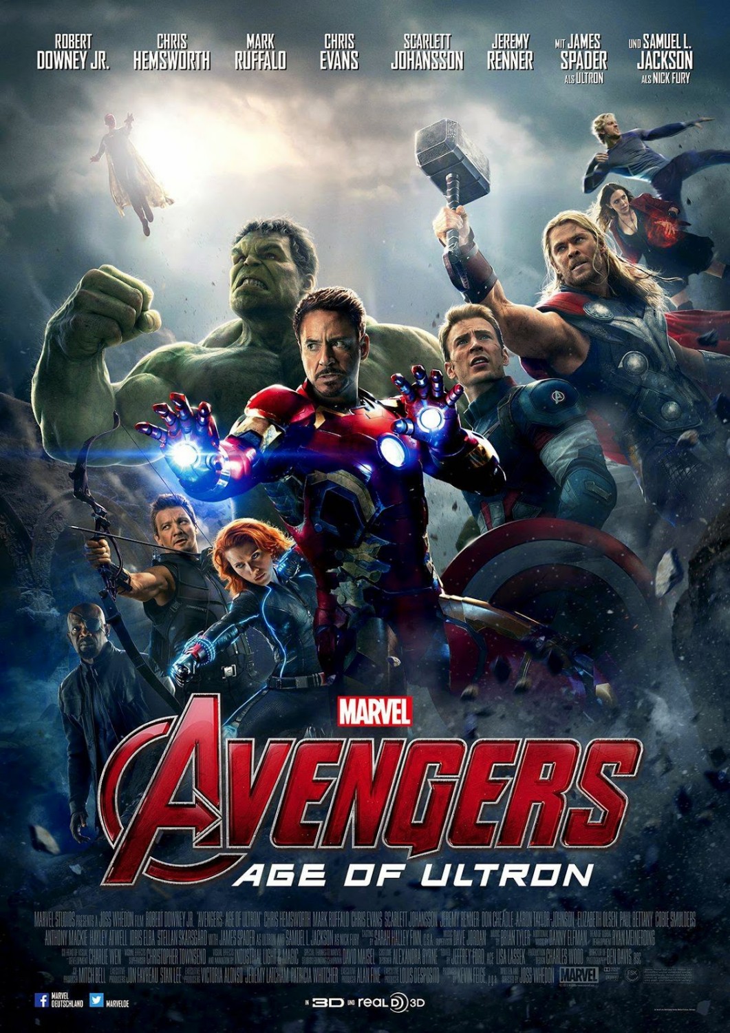 Avengers: Age of Ultron poster featuring Hulk, Iron Man, Hawkeye, Black Widwo, Captian America, Nick Fury, Thor, Scarlet Witch, Quicksilver, and the Vision. 