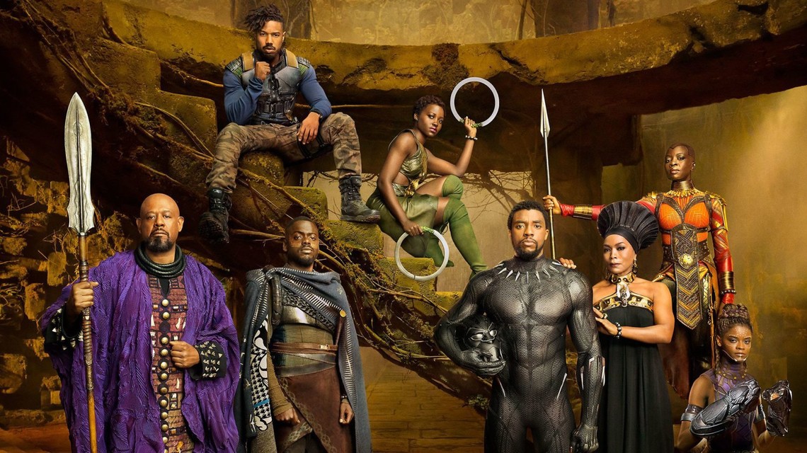 Black Panther Entertainment Weekly image featuring Killmonger, Nakia, Black Panther, Ramonda, Wkabi, and Zuri. 