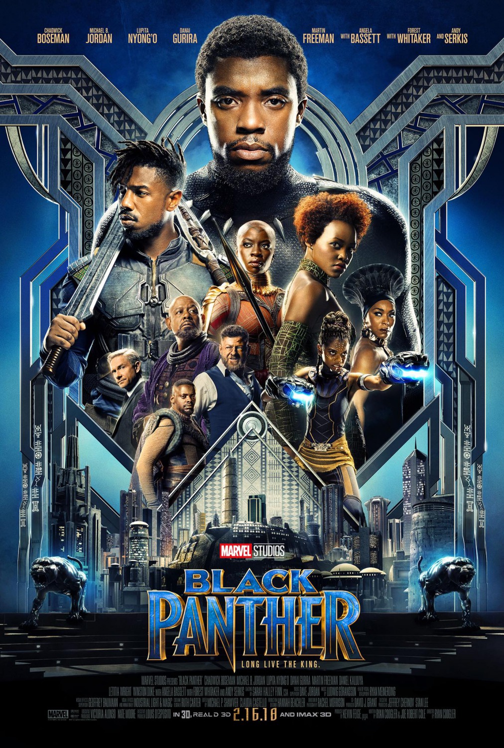 Black Panther poster featuring T'Challa, Killmonger, Nakia, Okoye, Shuri, Ramonda, Klaue, W'Kabi, Zuri, and Ross