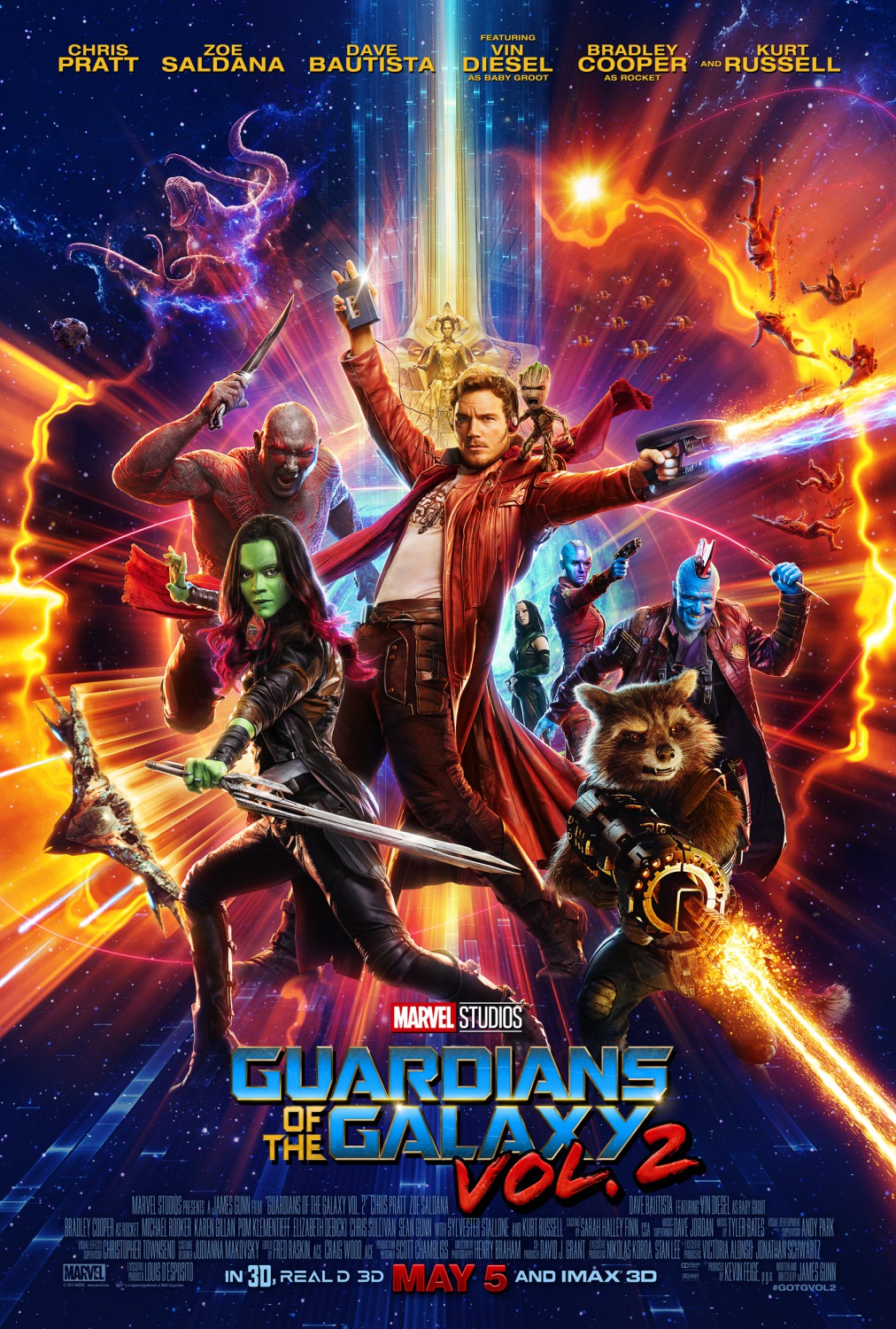 Poster for Guardians of the Galaxy Vol. 2 featuring Gamora, Star Lord, Drax, Rocket Racoon, Baby Groot, Yondu, and Nebula.