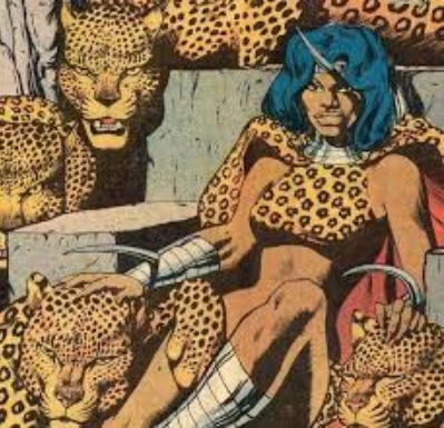 Madam Slay, surrounded by her leopards. 