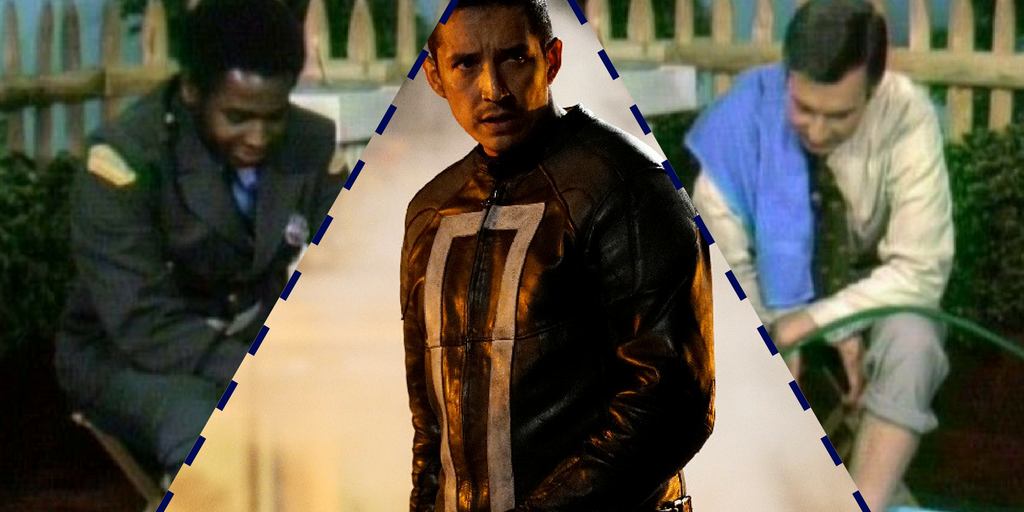 A graphic featuring Officer Clemmons, Gabriel Luna as Ghost Rider, and Mr. Rogers.