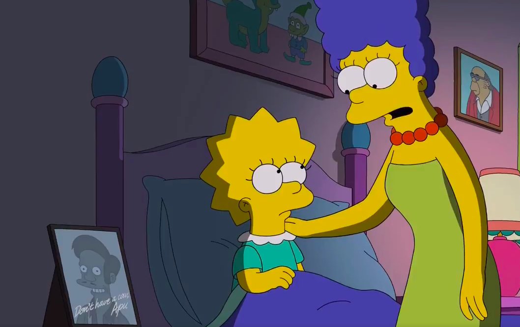 Lisa and Marge talk address the Apu controversy while Lisa is trying to hear a story from Marge. An inexplicable picture of Apu is on Lisa's nightstand, with the signature, "Don't have a cow."