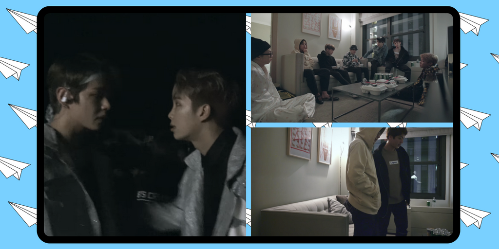 Clockwise: RM tries to comfort V seconds before they go on stage. The group later convenes in their hotel. Jin and V make up in private. 