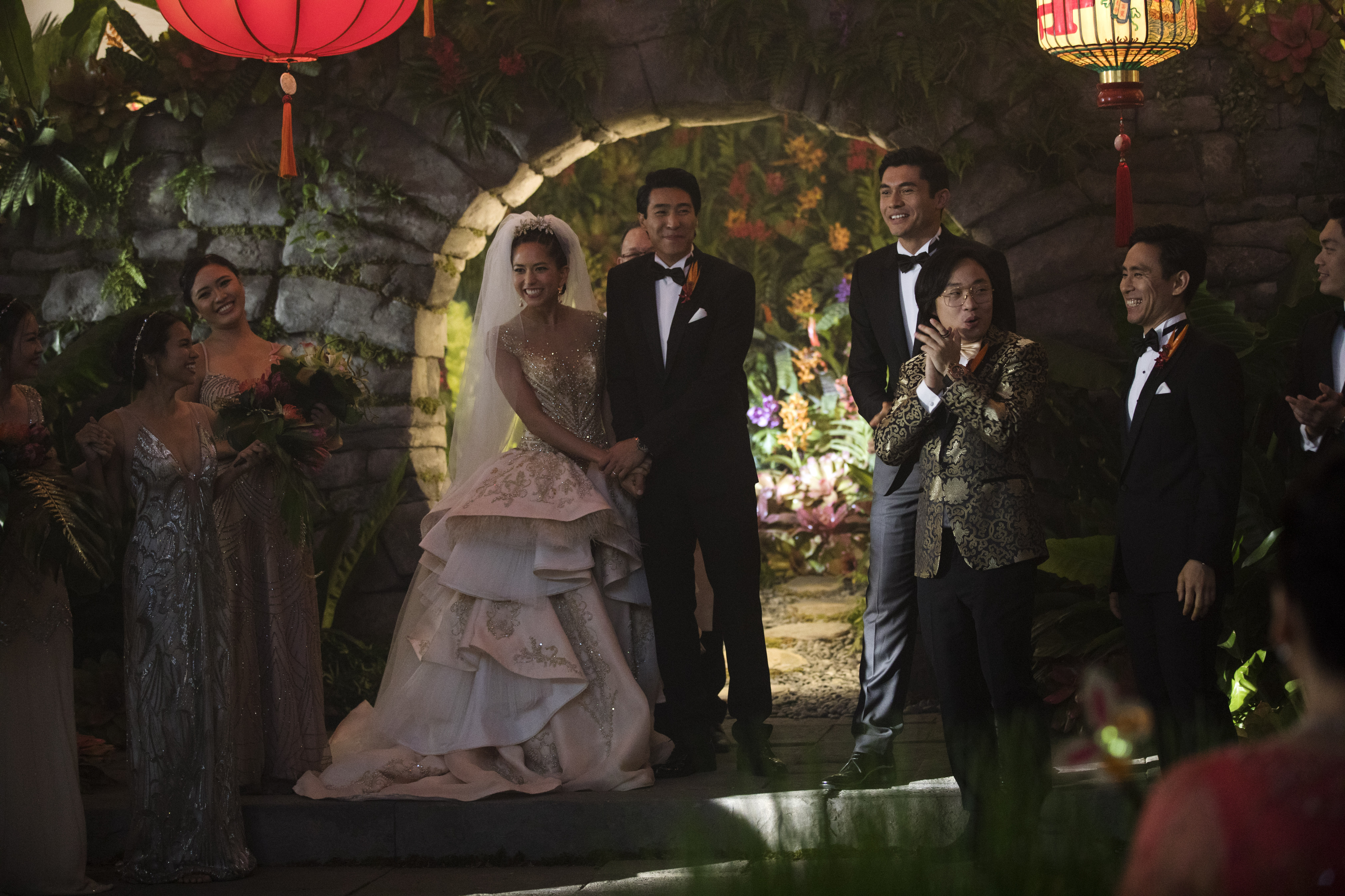 Photo Credit: Sanja Bucko Caption: (Center-Right) SONOYA MIZUNO as Araminta, CHRIS PANG as Colin, HENRY GOLDING as Nick and JIMMY O. YANG as Bernard in Warner Bros. Pictures' and SK Global Entertainment's and Starlight Culture's contemporary romantic comedy "CRAZY RICH ASIANS," a Warner Bros. Pictures release.