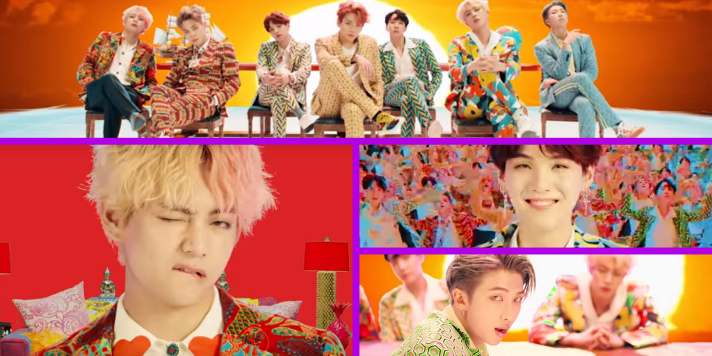 A collage of BTS from the music video, including closeups of V, Suga and RM.
