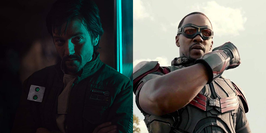 (L-R) Diego Luna as Cassian Andor, Anthony Mackie as the Falcon
