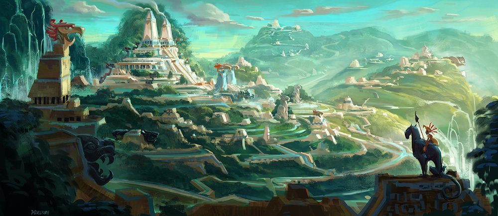 Concept art for Maya and the Three, featuring a verdant Mayan civilization.