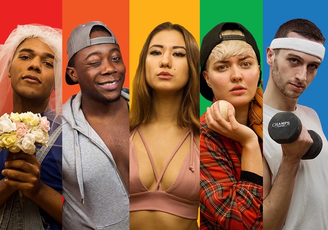 Several LGBT stars of different races on Revry TV are showcased in front of the rainbow colors.