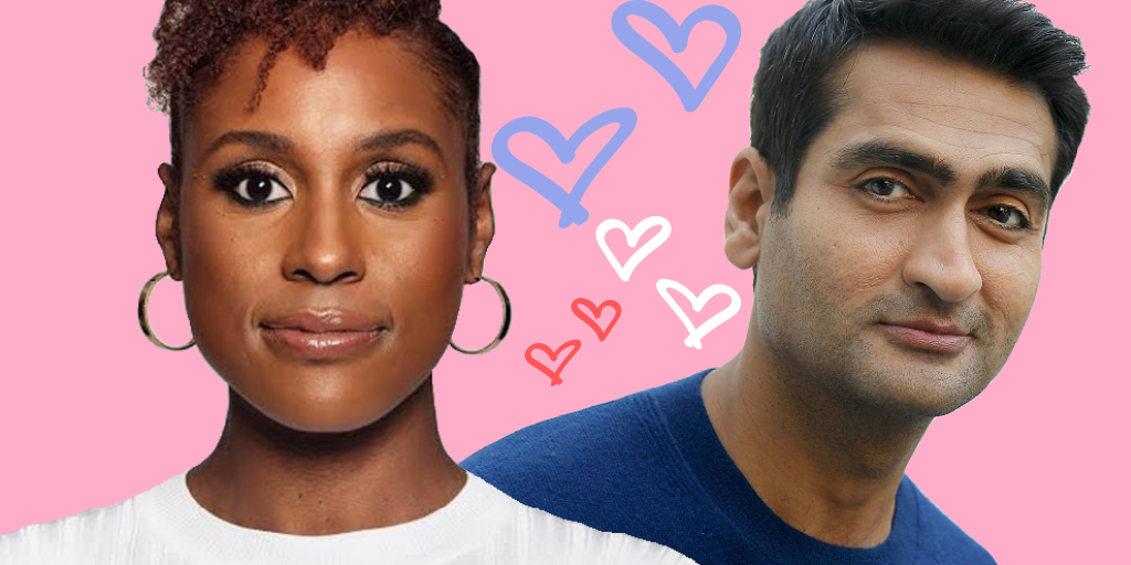 Illustration of Issa Rae wearing white and Kumail Nanjiani wearing blue. There's a pink background with white, hot pink and light blue hearts in between the two people.