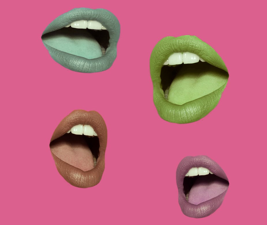 collage of talking female mouths in different colors amid a pink background