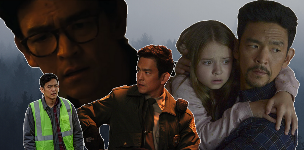 A spooky collage of John Cho from his various horror film and tv roles