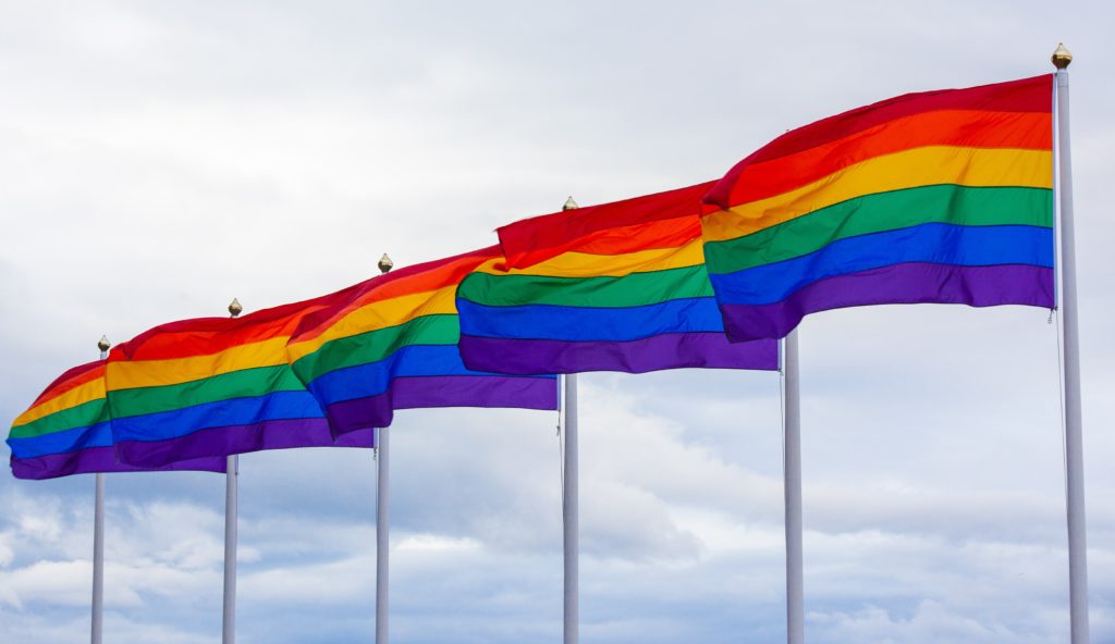 LGBTQ flags flying in succession. COVID-19 affects the LGBTQ community disproportionately to the non-LGBTQ community.
