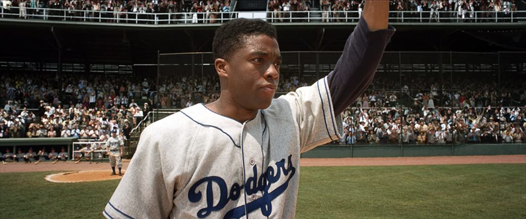 Chadwick Boseman in 42. Photo credit: Courtesy of Warner Bros./Legendary Pictures. This is one of the 30 films Redbox recommends to learn about systemic racism. 
