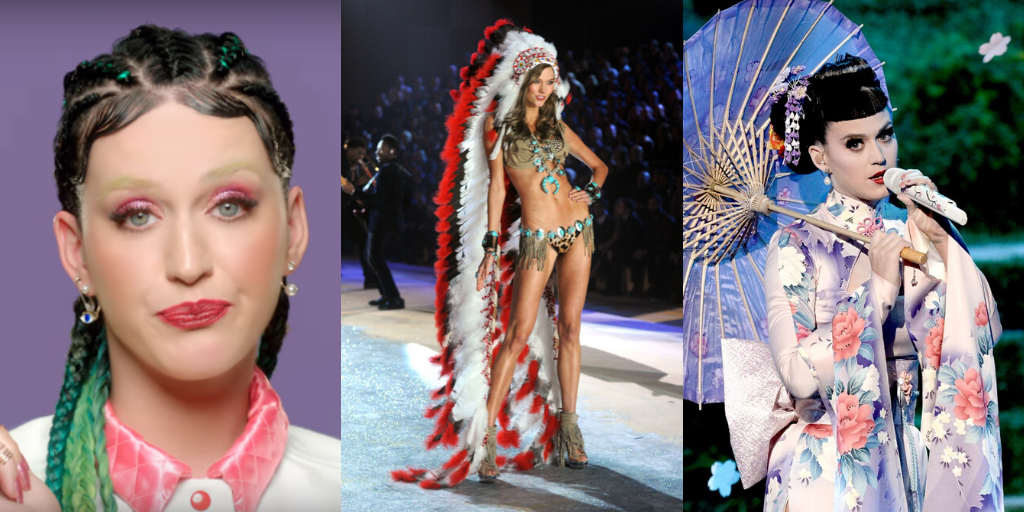(L-R) Katy Perry wearing cornrows in the 'This Is How We Do' video. Karlie Kloss wearing a Native American headdress in the 2012 Victoria's Secret Fashion Show. Perry again in 2013, wearing Japanese dress in a Geisha-themed performance of "Unconditionally" for the American Music Awards. There are more examples of cultural appropriation committed by Perry elsewhere online (Vevo, Jamie McCarthy/Getty Images, Kevin Winter/Getty Images)