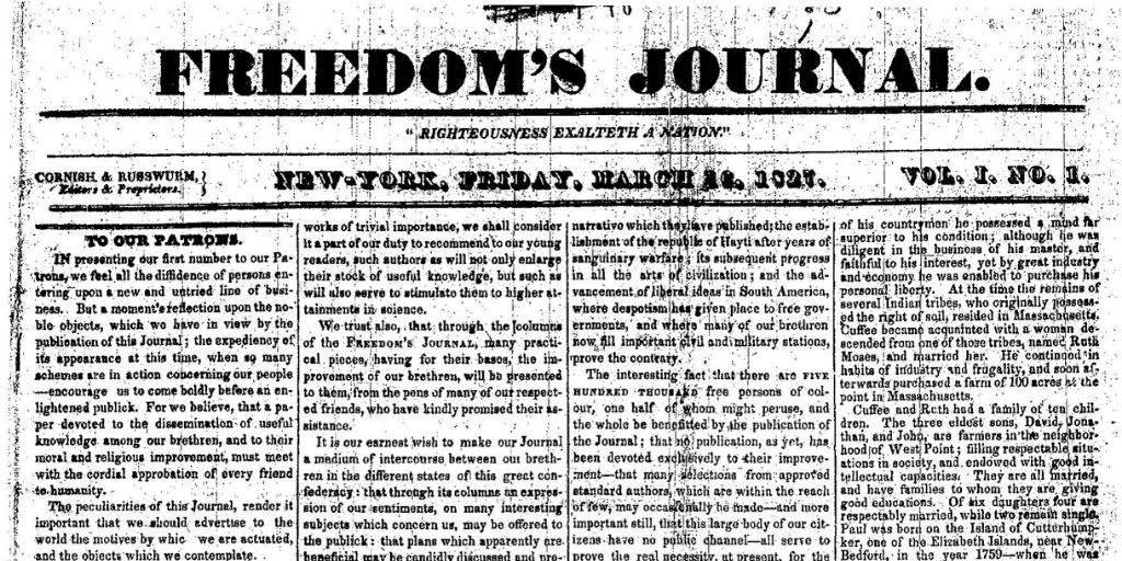 Freedom's Journal, first issue. Authors: Samuel Cornish, John Brown Russwurm. One of the Black people who were affected by Hamilton and the Founding Fathers. 