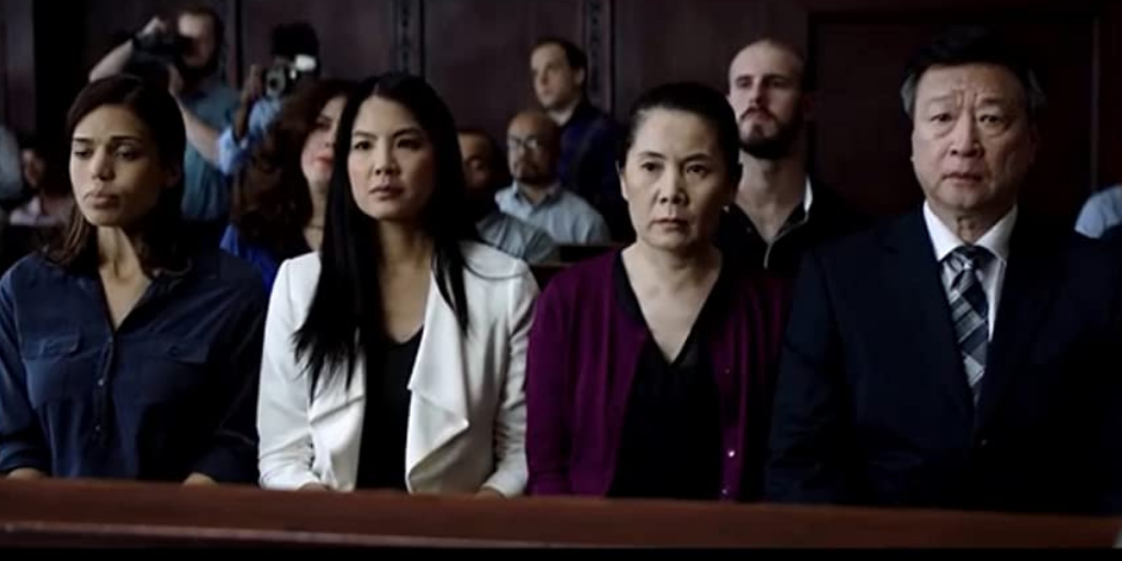Ciara Renée, Lynn Chen, Fiona Fu and Tzi Ma play Mike's family, who are waiting to see what happens to Mike during his manslaughter trial. Renée plays Mike's fiancee Candace, Chen plays Mike's sister Grace, and Fu and Ma play May and Chow, Mike's parents. (Photo credit: Aimee Long)