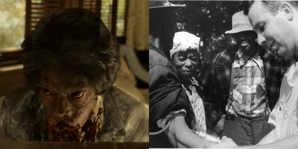 (L-R) The ghost of a Black woman who has been experimented on versus the real experiments done on rural Black Americans in the Tuskegee Experiments. (Photo credit: HBO, National Archives Atlanta, GA (U.S. government))