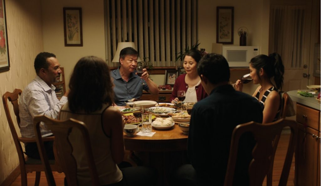 Clifton Davis, Tzi Ma, Fiona Fu, Lynn Chen, Kenny Leu and Ciara Renée at the kitchen table in A Shot Through The Wall. (Photo credit: Aimee Long)