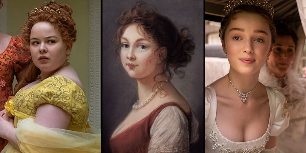 Penelope Featherington's (Nicola Coughlan) looks compared to Queen Louise and Daphne Bridgerton (Phoebe Dynevor). (Painting by Elisabeth Vigée-Lebrun. Photo credit: Liam Daniel/Netflix) 