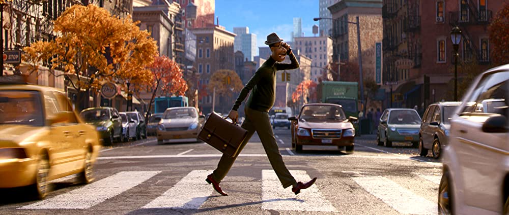Joe Gardner walking across the street in New York. Photo credit: Disney/Pixar
