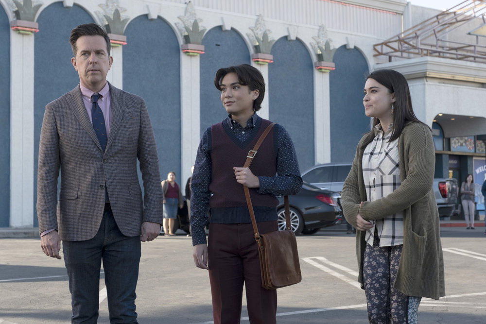 (l-r) Ed Helms, Jesse Leigh and Devery Jacobs in Rutherford Falls
