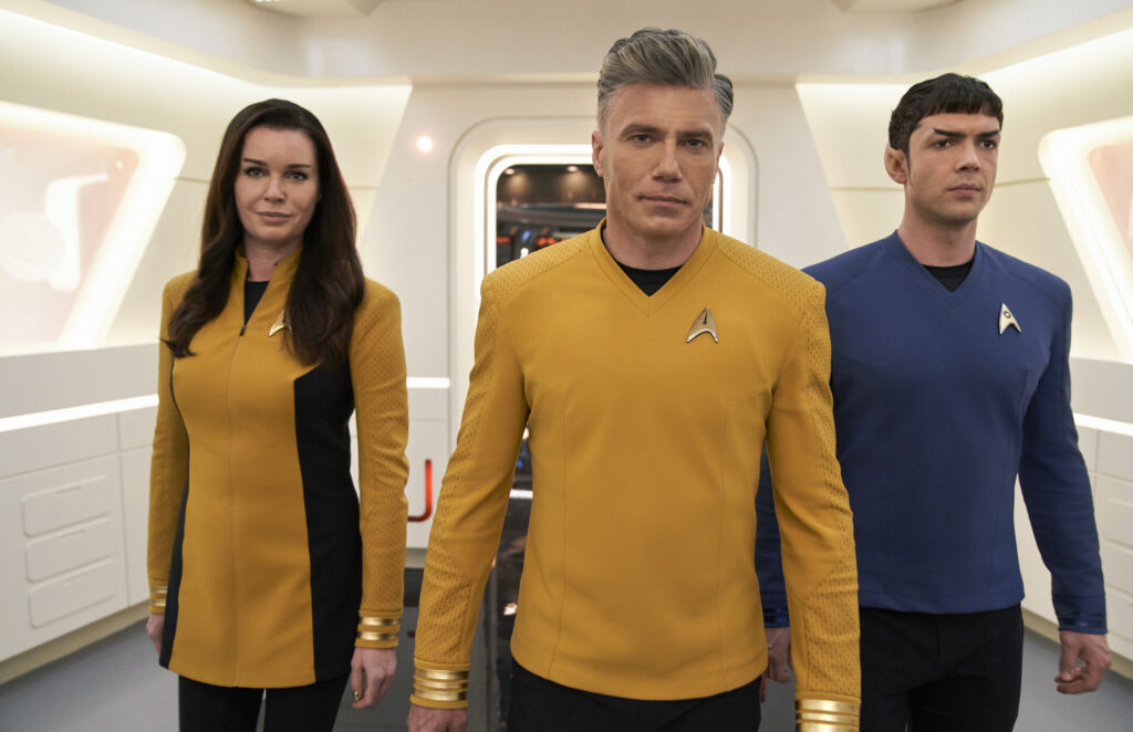 Rebecca Romijn as Una, Anson Mount as Pike and Ethan Peck as Spock of the Paramount+ original series STAR TREK: STRANGE NEW WORLDS. (Photo credit: Marni Grossman/Paramount+ ©2022 ViacomCBS. All Rights Reserved.)