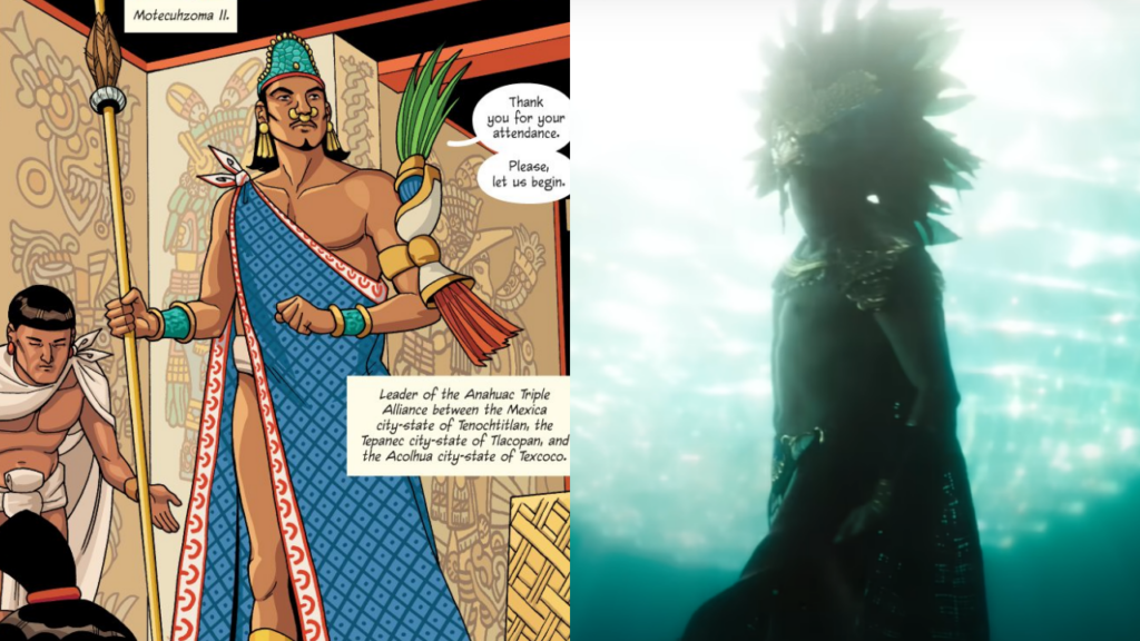 Aztec Empire features Motecuhzoma II in his regalia. Opposite: Namor in his underwater kingdom, wearing his regalia. 