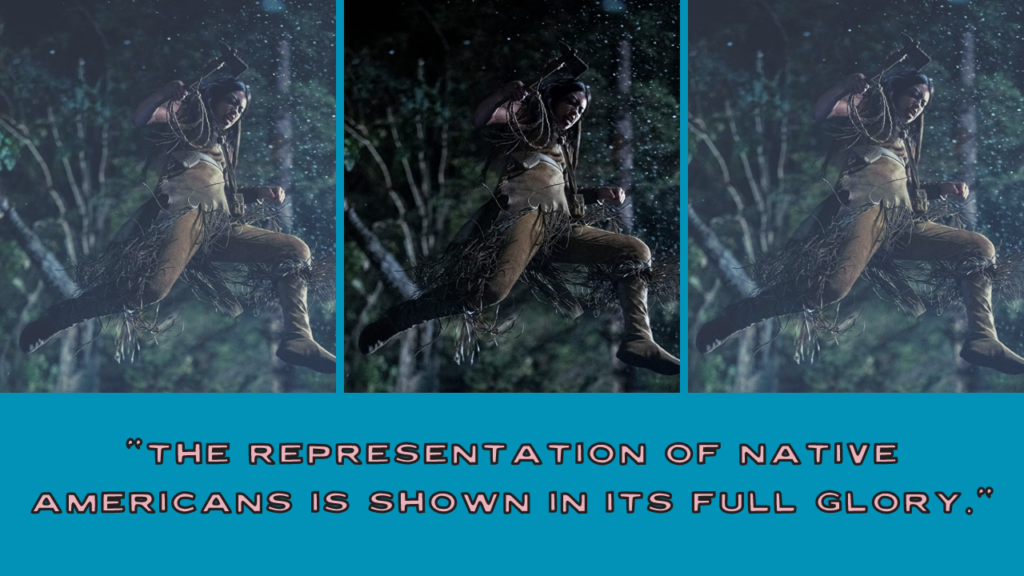 Naru (Amber Midthunder) jumps with a weapon in her hand to attack the Predator.