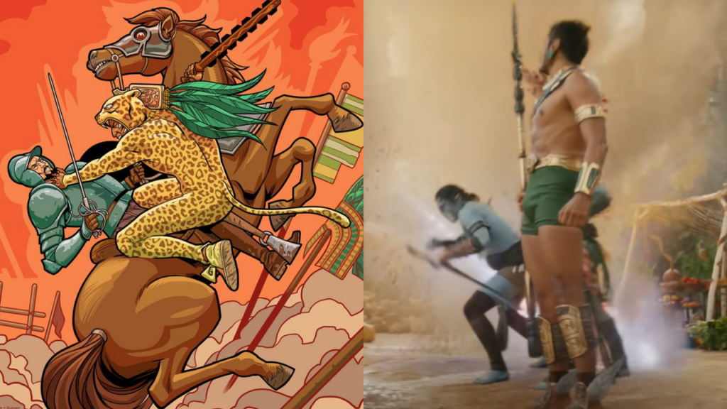 Aztec Empire features battles with the enemy. Opposite: Namor and his soldiers fight their enemies on the surface. 