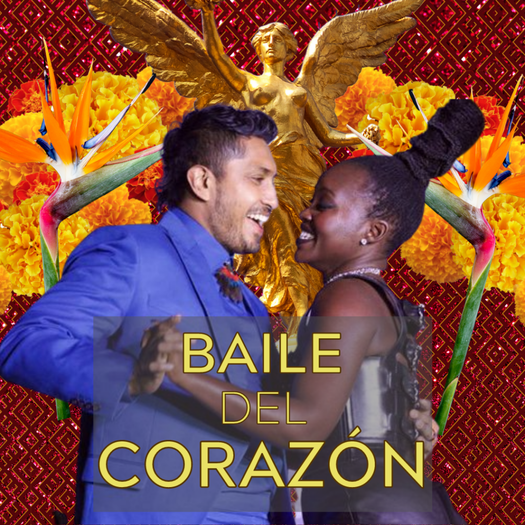 Tenoch Huerta Mejia and Lupita Nyong'o are pictured dancing in a fake poster for a fake rom-com movie. The title I came up with: Balie del Corazon, aka Dance of the heart." Behind them is a red sparkly background with marigolds, birds of paradise flowers and the Angel of Independence statue from Mexico City. 
