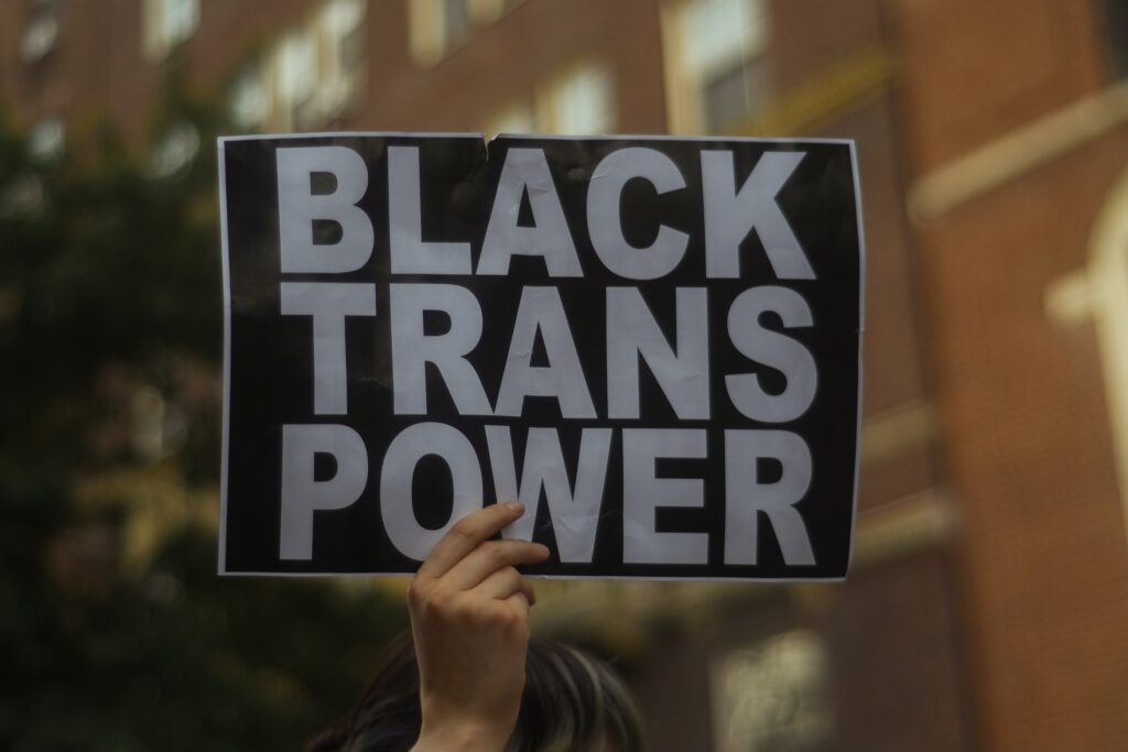 A person holds a black and white sign that reads, "Black Trans Power."