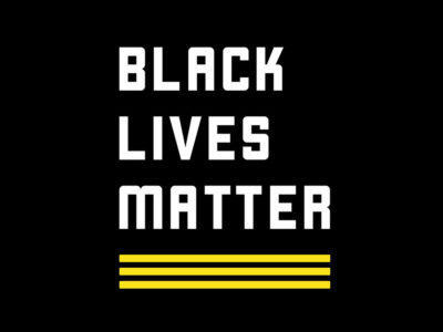 Black Lives Matter logo: Black background with the white words "Black Lives Matter" and yellow lines