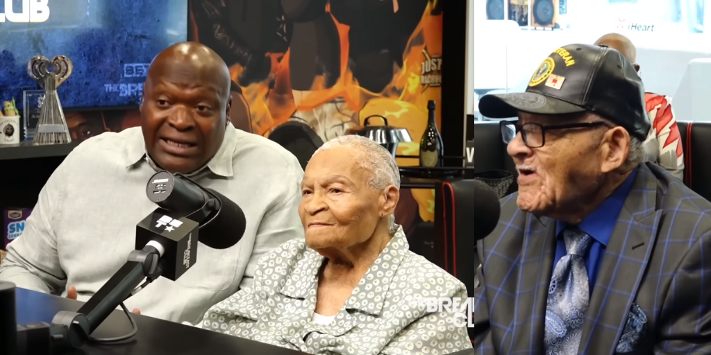Mother Viola Fletcher and Uncle Redd (with Mother Fletcher's grandson Ike) at The Breakfast Club. (Photo credit: BET/YouTube screencap)
