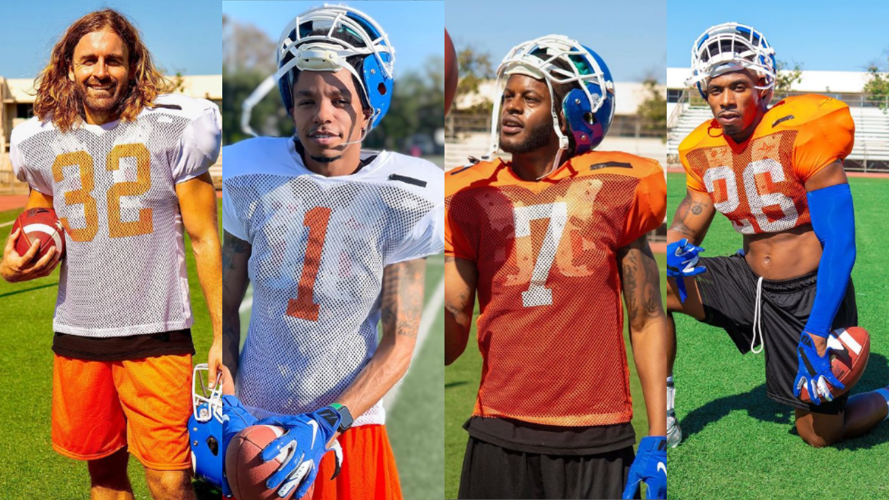 R-L, James Hal Hardy, Terrence Green, Brannon Watson and Brashaad Mayweather in character, wearing football practice uniforms. (Photos courtesy Summer with the Guys Instagram page)