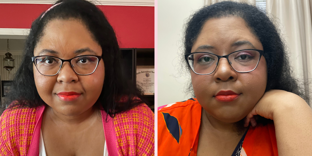Can you see the difference in my nose? Also, just note the difference in my face overall--different makeup applications really do change things. 